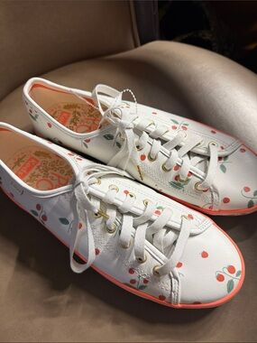 Keds White Sneakers with Cherry Print and Coral Trim